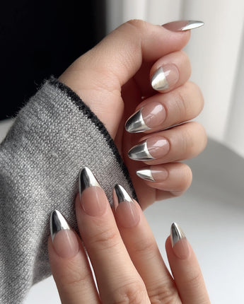 Silver Sleek handmade press-on nails featuring Silver chrome french tip nails