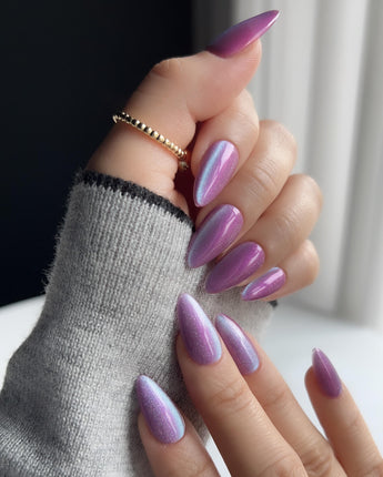 Purple planet handmade press-on nails featuring Lavender Purple, Teal Shift Cat-eye