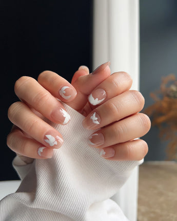 Hand-Painted Echoes of Peace custom press-on nails — available in multiple shapes and sizes