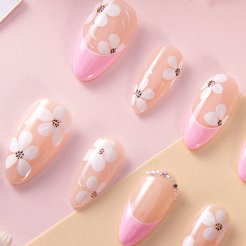 Sakura Fall nail art close-up showing Pink French, White Floral. details