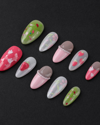 Haru Picnic Set medium almond nails with sweet berry art and soft floral styling