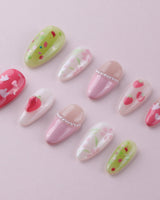 Haru Picnic Set co-created nails with hand-painted strawberries and soft summer flowers