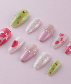 Haru Picnic Set co-created nails with hand-painted strawberries and soft summer flowers