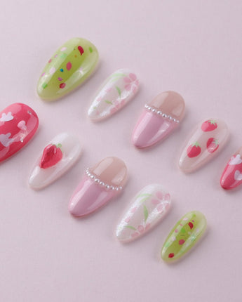 Haru Picnic Set co-created nails with hand-painted strawberries and soft summer flowers