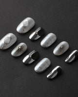 Silver Flame handmade press-on nails featuring silver chrome metallic 3D sculpted nails