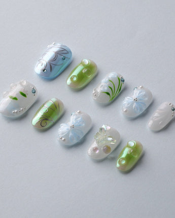 Lotus Breeze custom press-on nails — available in multiple shapes and sizes