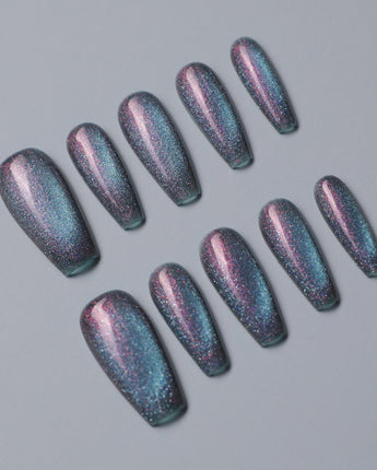 Spinning Aurora custom press-on nails — available in multiple shapes and sizes