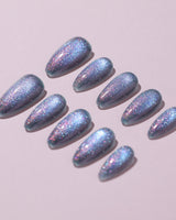 Spinning Aurora custom press-on nails — available in multiple shapes and sizes