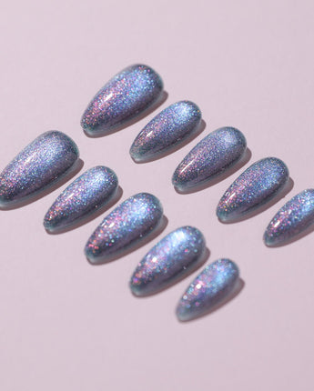 Spinning Aurora custom press-on nails — available in multiple shapes and sizes