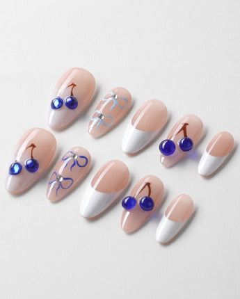 Klein Blue Cherry custom press-ons with high-fashion blue cherry French manicure