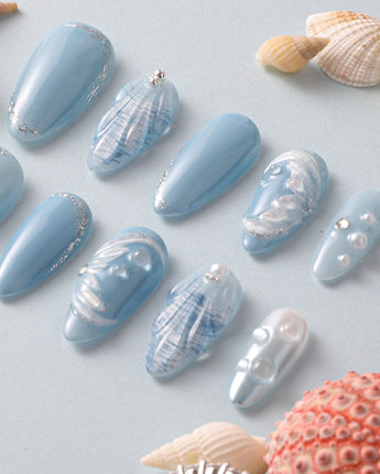 Mermaid Nail Designs Tale handmade press-on nails featuring Sky Blue, 3D Waves & Shells.