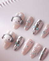 Miffy's Vacay medium almond nails with 3D headphone rabbit detail and silver chrome accents