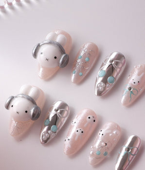 Miffy's Vacay handmade press-on nails featuring 3D Headphone Rabbit & silver chrome