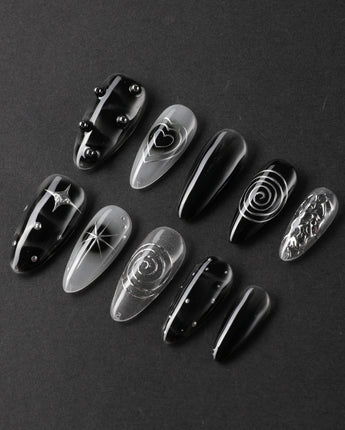 Black & Silver Void nail art close-up showing black aura swirl abstract nails details