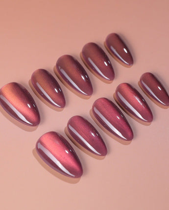 Rose Brew press-on nail set — Maroon cat eye nails design, hand-painted with real gel polish