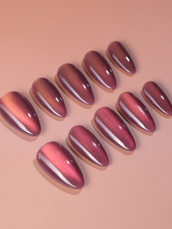 Rose Brew press-on nail set — Maroon cat eye nails design, hand-painted with real gel polish
