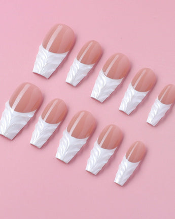 White French Tip Nails - 3D Classic medium coffin press-ons with elegant white tips