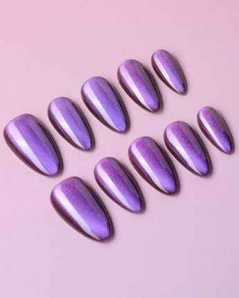 Grape Color Cat-eye handmade press-on nails featuring purple cat eye nails
