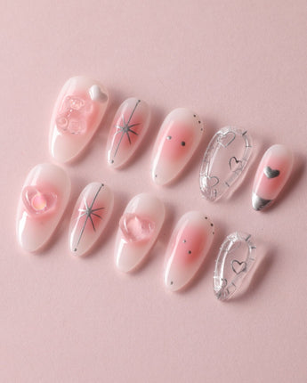 Y2K Love handmade press-on nails featuring pink aura 3D heart soft gloss nails