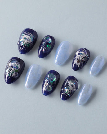 Glow Jellyfish Nails extra short almond nails with soft glowing jellyfish accents