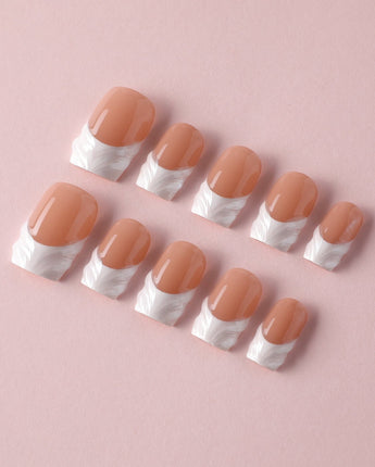 White French Tip Nails - 3D Classic short square press-ons with glossy French manicure