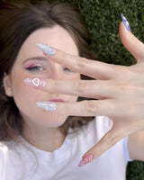 Charming Glam Usagi medium almond nails with co-created glam character styling and glossy detail