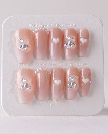 Cute Bear Hug press-on nails in medium coffin shape — cute nails