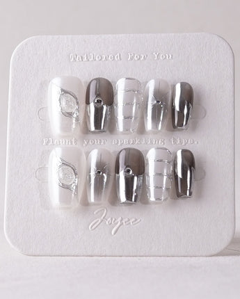 Silver Flame press-on nails in short coffin shape — silver chrome metallic 3D sculpted nails