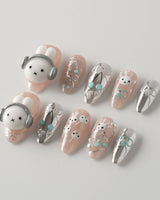 Miffy's Vacay glossy handmade nails with headphone rabbit accent and silver chrome finish