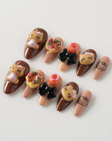 Cocoa Kitty Brown Color press-ons with glossy chocolate brown design and playful 3D dessert art
