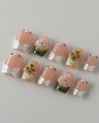 Duchess Olive press-on nails with glossy olive green 3D flowers and soft nude base