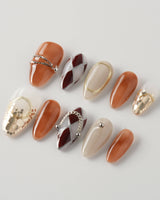Luxury Vintage Gold | Ready to Ship short almond press-on nails with fall-inspired handmade nail art
