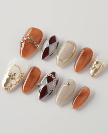 Luxury Vintage Gold | Ready to Ship short almond press-on nails with fall-inspired handmade nail art