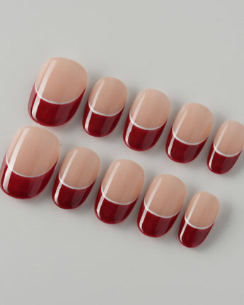 Classic Return - Rose nails with burgundy and nude French styling and clean white line art