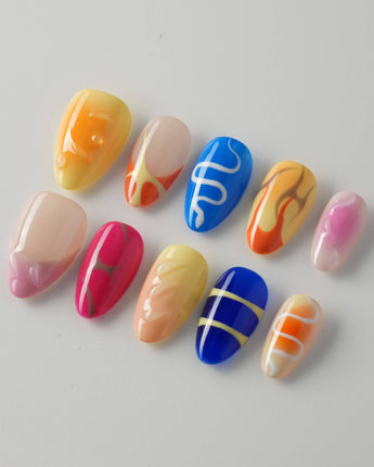 Candy Pop Colored custom press-on nails — available in multiple shapes and sizes
