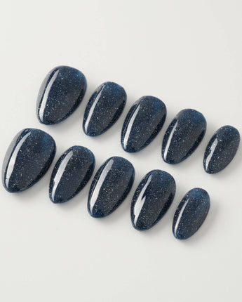 Glitter Glitz Navy custom press-on nails — available in multiple shapes and sizes