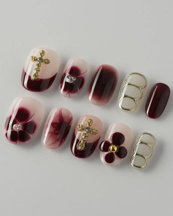 Tip Burgundy Nails press-on nails with deep red and burgundy fall nail art