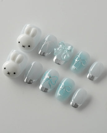 Miffy Summer custom press-on nails with clean blue white design and glossy gel shine