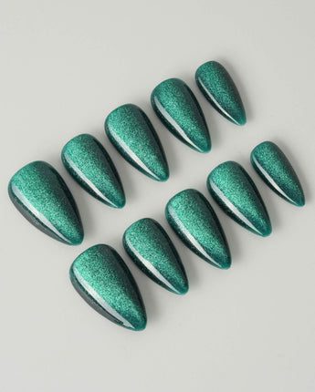 Emerald Green Nail Designs Cat-eye Nails custom press-on nails — available in multiple shapes and sizes