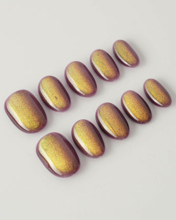 Brown Acrylic Cat-eye press-on nails with berry mauve shine and soft fall color