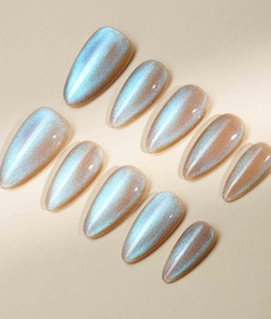 Aurora Icefire handmade press-on nails featuring Icy Iridescent Cat Eye.