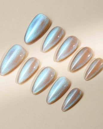 Aurora Icefire handmade press-on nails featuring Icy Iridescent Cat Eye.