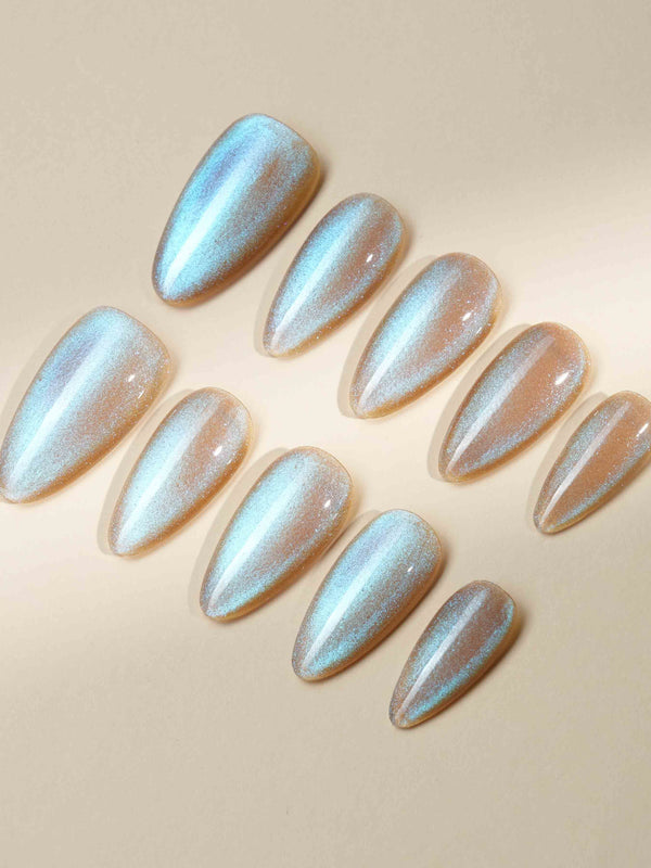 Aurora Icefire handmade press-on nails featuring Icy Iridescent Cat Eye.