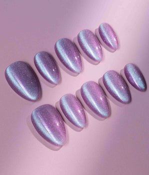Purple planet press-on nail set — Lavender Purple, Teal Shift Cat-eye design, hand-painted with real gel polish