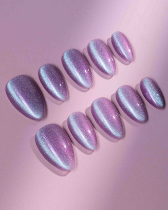 Purple planet press-on nail set — Lavender Purple, Teal Shift Cat-eye design, hand-painted with real gel polish