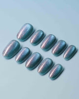 Spinning Aurora custom press-on nails — available in multiple shapes and sizes