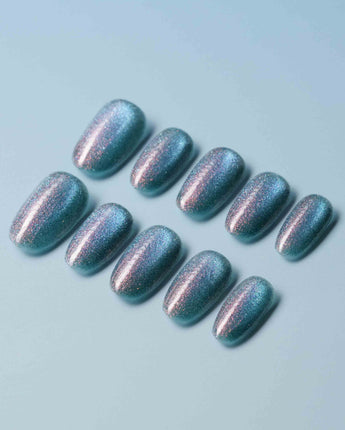 Spinning Aurora custom press-on nails — available in multiple shapes and sizes