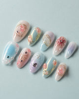 My Backyard handmade press-on nails featuring Icy Multicolor, 3D Gold Wire Florals.