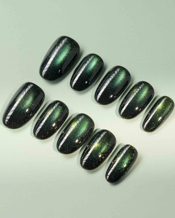 Forest Green Chase custom press-on nails — available in multiple shapes and sizes