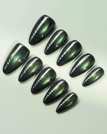 Forest Green Chase custom press-on nails — available in multiple shapes and sizes